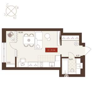 1-к квартира, вторичка, 31м2, 9/24 этаж