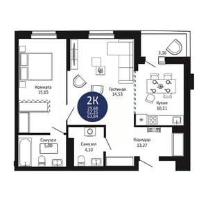 2-к квартира, вторичка, 64м2, 16/20 этаж