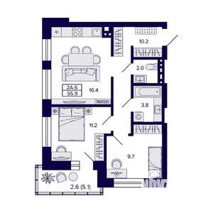 2-к квартира, вторичка, 56м2, 7/10 этаж