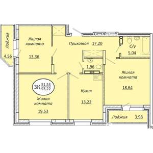 3-к квартира, строящийся дом, 93м2, 22/25 этаж