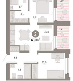 2-к квартира, вторичка, 63м2, 9/17 этаж