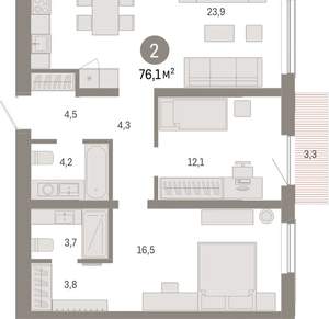 2-к квартира, вторичка, 76м2, 7/15 этаж