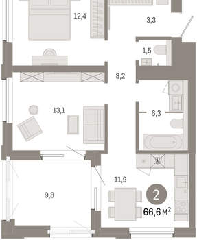 2-к квартира, вторичка, 67м2, 9/24 этаж