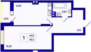 1-к квартира, вторичка, 46м2, 16/26 этаж