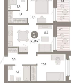 2-к квартира, вторичка, 63м2, 9/17 этаж