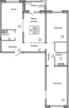 3-к квартира, строящийся дом, 81м2, 8/17 этаж