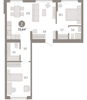 2-к квартира, вторичка, 73м2, 9/12 этаж