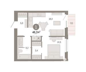 1-к квартира, вторичка, 46м2, 5/14 этаж