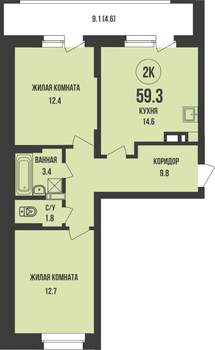 2-к квартира, строящийся дом, 59м2, 7/13 этаж