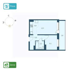 2-к квартира, строящийся дом, 39м2, 12/17 этаж