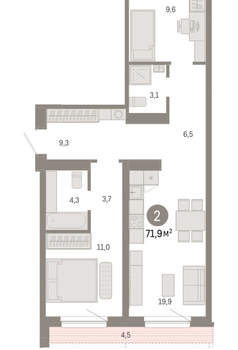 2-к квартира, вторичка, 72м2, 6/15 этаж