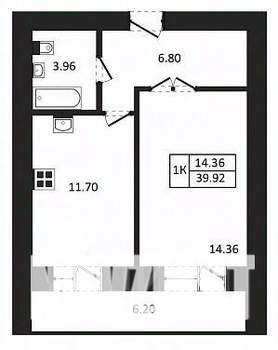 1-к квартира, строящийся дом, 40м2, 3/12 этаж