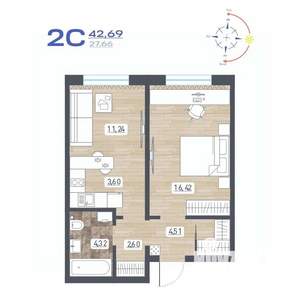 2-к квартира, строящийся дом, 43м2, 1/17 этаж