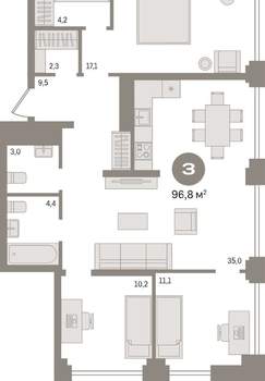 3-к квартира, вторичка, 97м2, 4/30 этаж