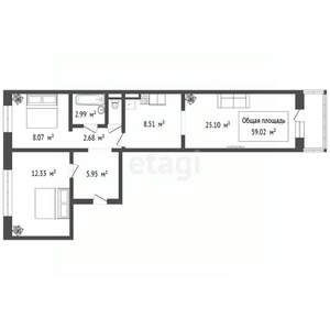 3-к квартира, вторичка, 59м2, 8/10 этаж