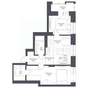 3-к квартира, вторичка, 59м2, 4/24 этаж