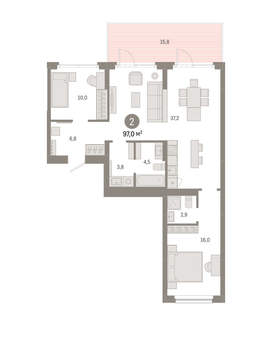 2-к квартира, вторичка, 97м2, 2/12 этаж