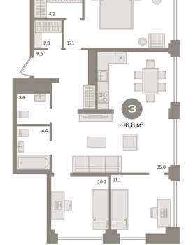 3-к квартира, вторичка, 97м2, 4/30 этаж