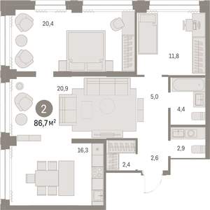 2-к квартира, вторичка, 87м2, 5/30 этаж