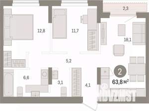 2-к квартира, вторичка, 64м2, 9/9 этаж