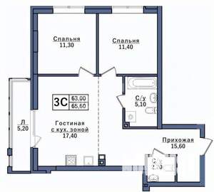 3-к квартира, вторичка, 66м2, 1/25 этаж