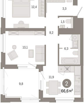 2-к квартира, вторичка, 67м2, 10/24 этаж