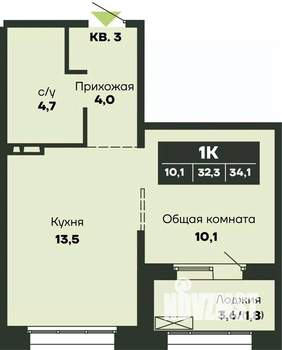 1-к квартира, строящийся дом, 34м2, 2/14 этаж