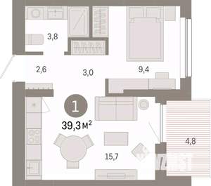 1-к квартира, вторичка, 39м2, 3/12 этаж