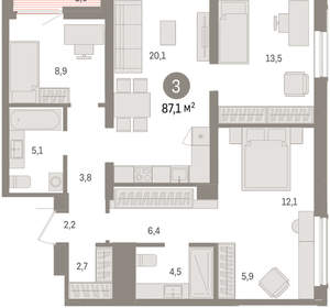 3-к квартира, вторичка, 87м2, 12/15 этаж