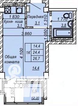 1-к квартира, строящийся дом, 27м2, 8/9 этаж