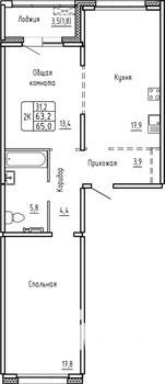2-к квартира, строящийся дом, 65м2, 2/14 этаж