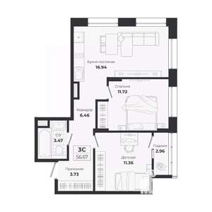 3-к квартира, строящийся дом, 54м2, 6/9 этаж