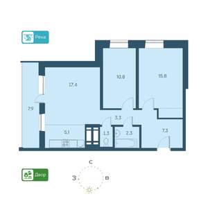 3-к квартира, строящийся дом, 68м2, 2/26 этаж