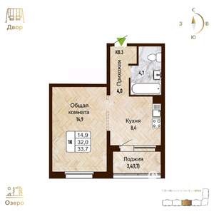 1-к квартира, вторичка, 34м2, 14/17 этаж