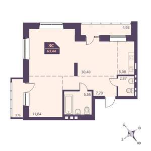 3-к квартира, вторичка, 68м2, 7/24 этаж