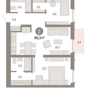 2-к квартира, вторичка, 66м2, 6/23 этаж