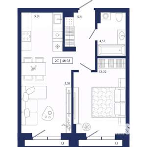 2-к квартира, вторичка, 47м2, 6/13 этаж