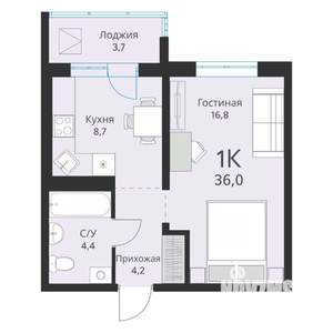 1-к квартира, вторичка, 36м2, 2/16 этаж