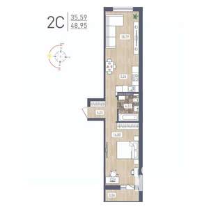2-к квартира, строящийся дом, 49м2, 13/17 этаж