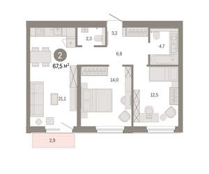 2-к квартира, вторичка, 68м2, 4/24 этаж