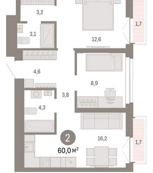 2-к квартира, вторичка, 60м2, 18/23 этаж