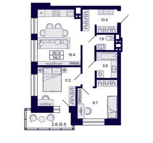 2-к квартира, вторичка, 56м2, 20/20 этаж