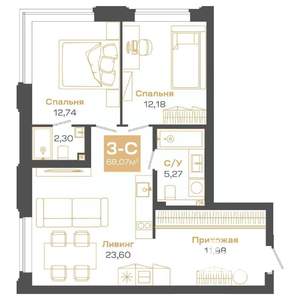 3-к квартира, строящийся дом, 68м2, 7/24 этаж