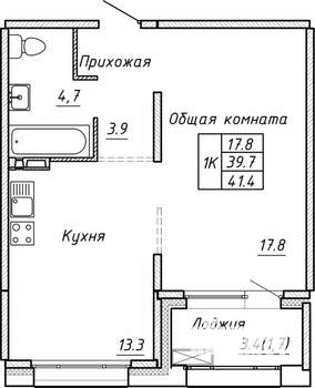 1-к квартира, вторичка, 41м2, 3/15 этаж