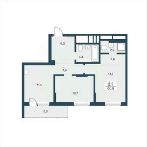 2-к квартира, вторичка, 61м2, 2/17 этаж