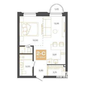 2-к квартира, вторичка, 48м2, 16/24 этаж