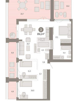 3-к квартира, вторичка, 151м2, 22/23 этаж