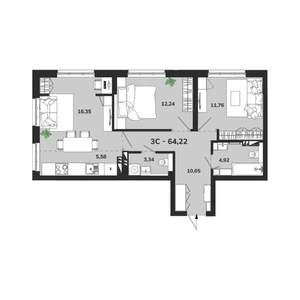 3-к квартира, вторичка, 64м2, 7/25 этаж
