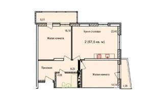 2-к квартира, строящийся дом, 68м2, 15/17 этаж