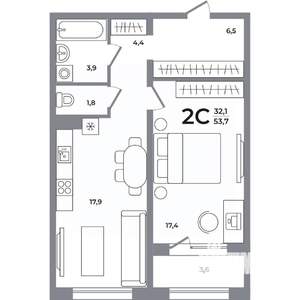 2-к квартира, вторичка, 54м2, 2/17 этаж